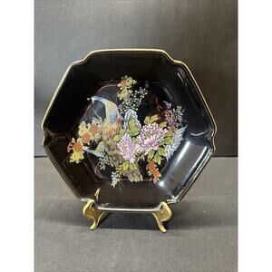 Vintage MCI Japan Decorative Porcelain Plate Black Hand Painted Peacock Gold Rim